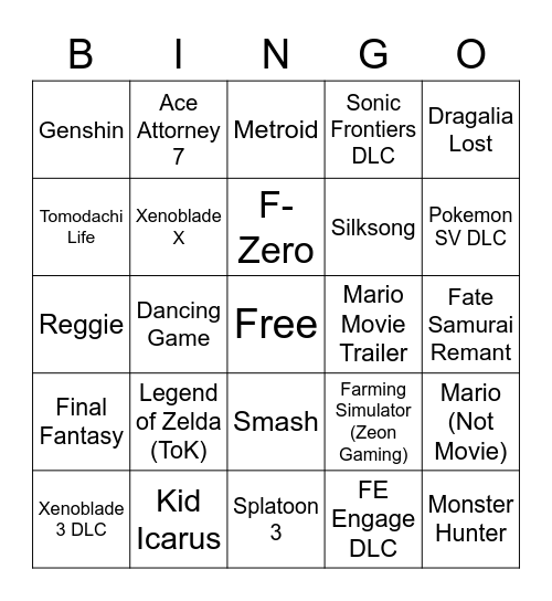 Nintendo Indirect Bingo Card