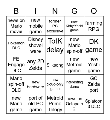 Nintendo Direct February 8th 2023 Bingo Card