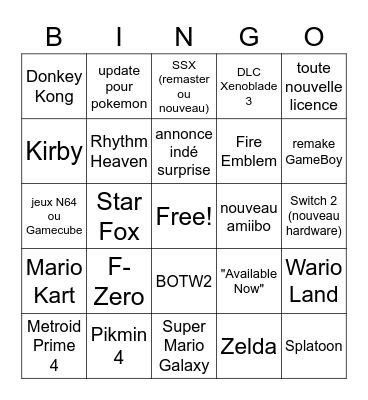 Nintendo Direct (fr) Bingo Card