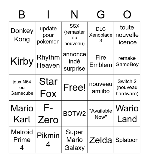 Nintendo Direct (fr) Bingo Card