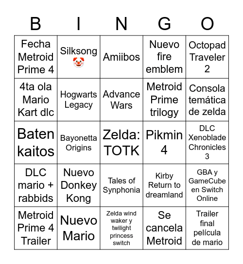 Nintendo Direct Febrero 2023 Bingo Card
