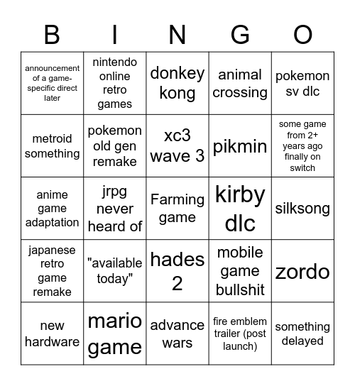 Nintendo Direct 2/8 Bingo Card