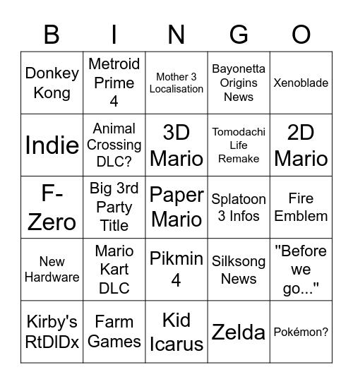 Nintendo Direct Bingo Card