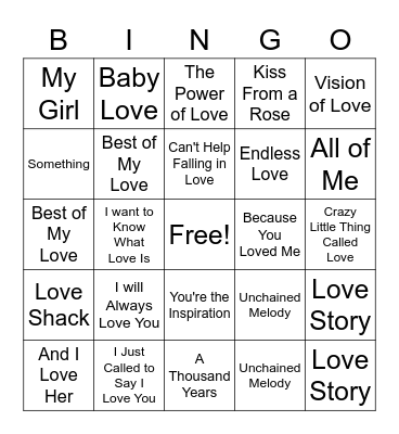 Love Song Bingo Card