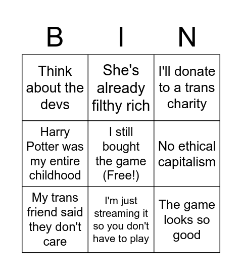 JK Rowling is terrible! But... Bingo Card