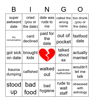 Bad Date Bingo Card