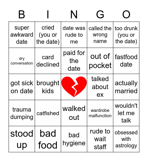 Bad Date Bingo Card