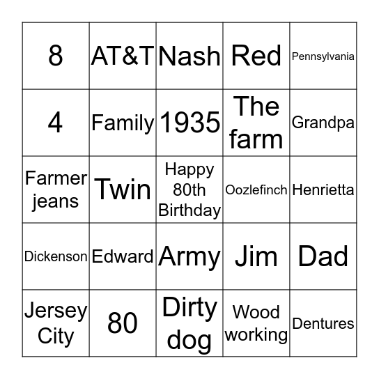 Birthday Boy Bingo Card