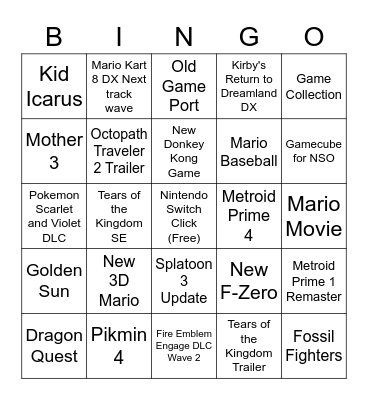 Nintendo Direcc Bingo Card