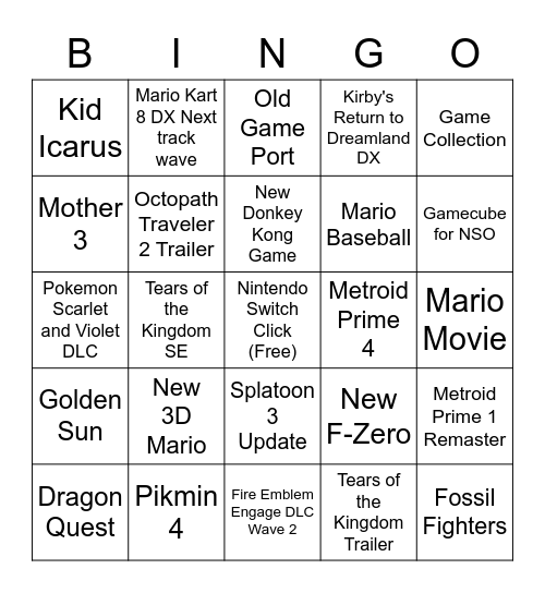 Nintendo Direcc Bingo Card