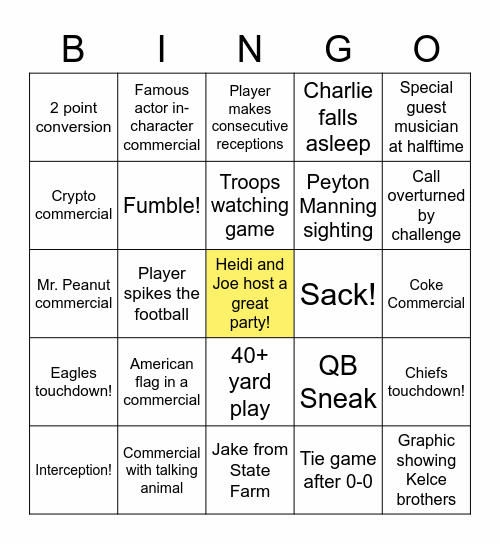 Heidi and Joe's Super Bowl Bingo Card