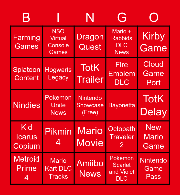 Nintendo Direct June 2023 Bingo Card