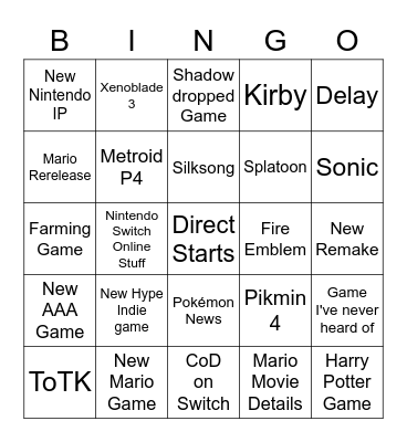 February 8, 2023 Nintendo Direct Bingo Card