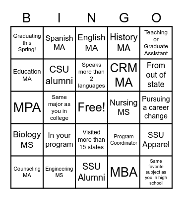 Graduate Studies Bingo Card