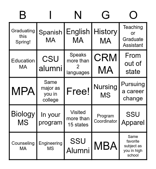 Graduate Studies Bingo Card