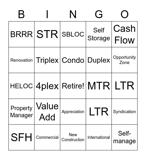 Real Estate Bingo Card