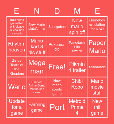 Nintendo direct Bingo Card