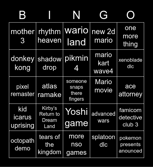 Nintendo direct Bingo Card