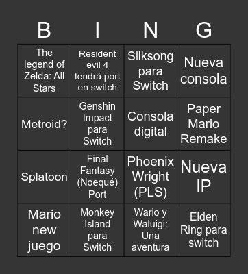 Nintendo Direct Bingo Card