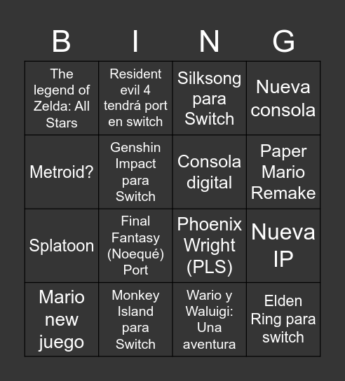 Nintendo Direct Bingo Card