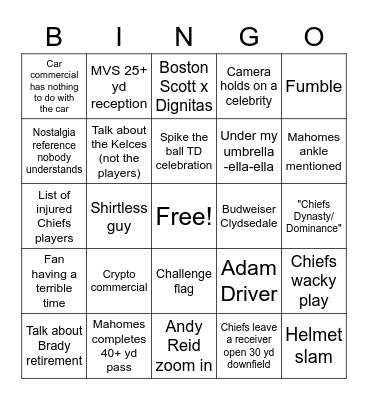 Chiefs-Eagles Superbowl Bingo Card