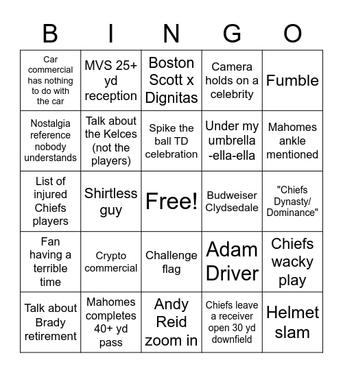 Chiefs-Eagles Superbowl Bingo Card