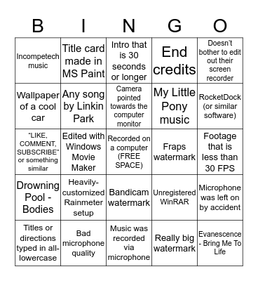 YouTube Computer Tutorial Bingo Card