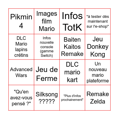 Nintendo Direct Bingo Card