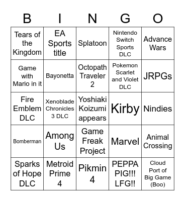 Nintendo Direct Bingo Card