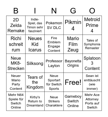 Nintendo Direct Bingo Card