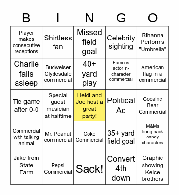Heidi and Joe's Super Bowl Bingo Card