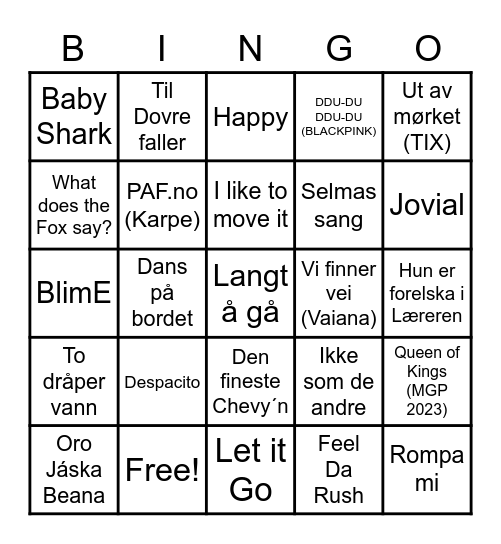Musikkbingo Card