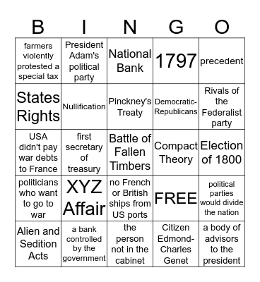 Washington and Adams Bingo Card