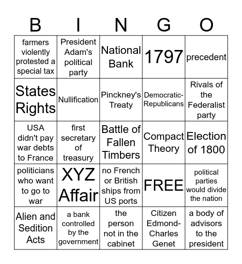 Washington and Adams Bingo Card