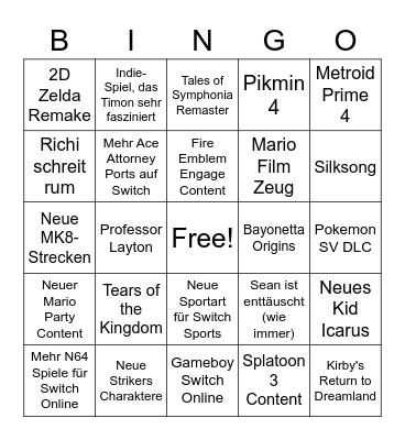 Nintendo Direct Bingo Card