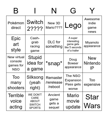 Nintendo Direct Bingo Card