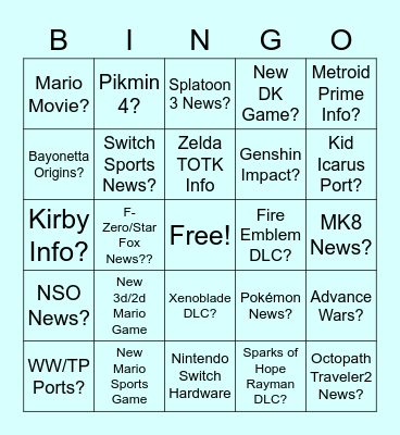 Nintendo Bingoi Bingo Card