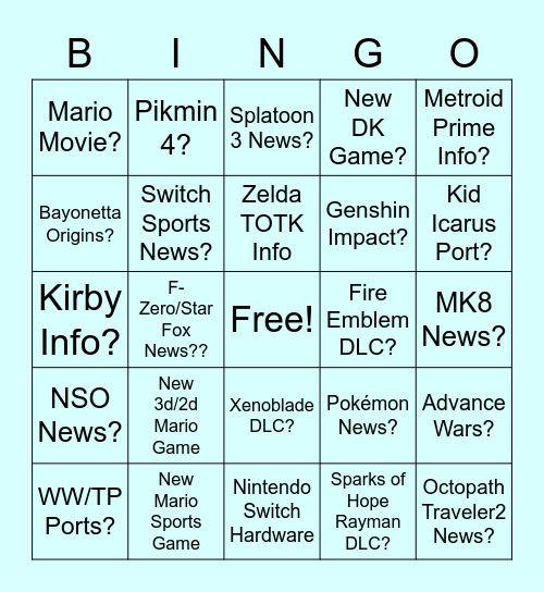 Nintendo Bingoi Bingo Card