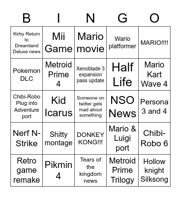 Nintendo Direct 2/8/2023 Bingo Card