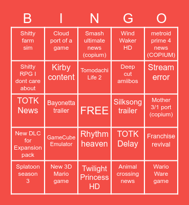 Nintendo Driect 2.8.23 Bingo Card