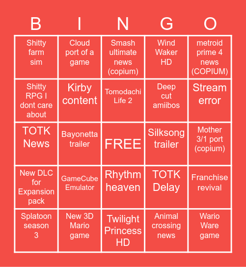 Nintendo Driect 2.8.23 Bingo Card