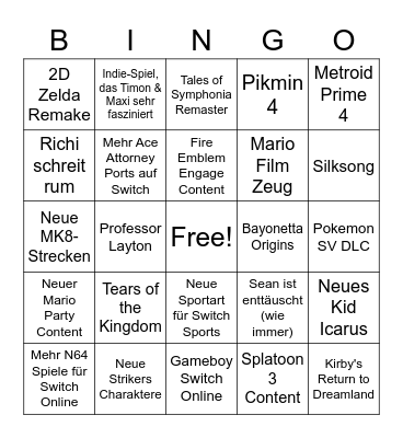 Nintendo Direct Bingo Card