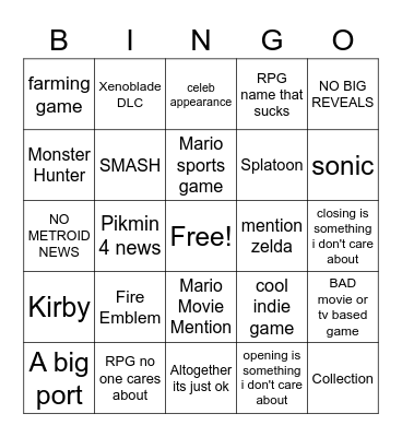 Nintendo Direct Bingo Card