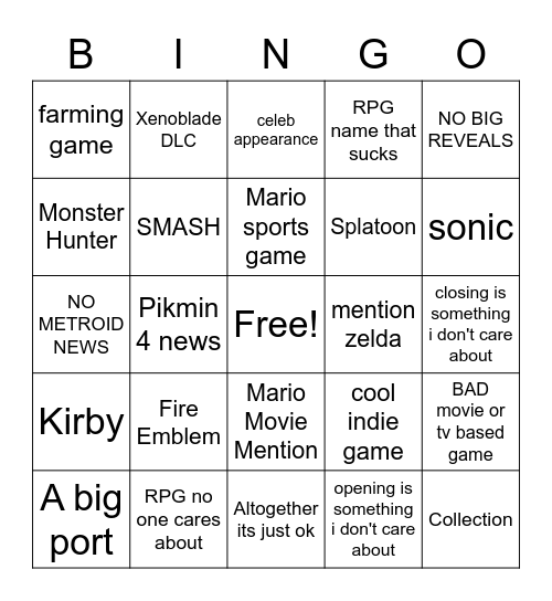 Nintendo Direct Bingo Card