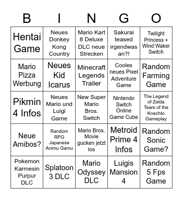 Nintendo Direct Prefire Bingo Card