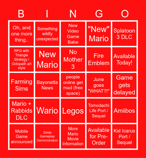 nintendo direct 2023 Bingo Card