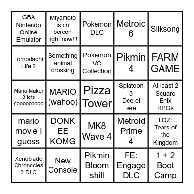 Nintendo Direct 2/8/2023 Bingo Card