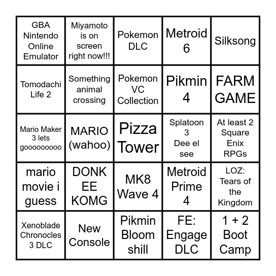 Nintendo Direct 2/8/2023 Bingo Card