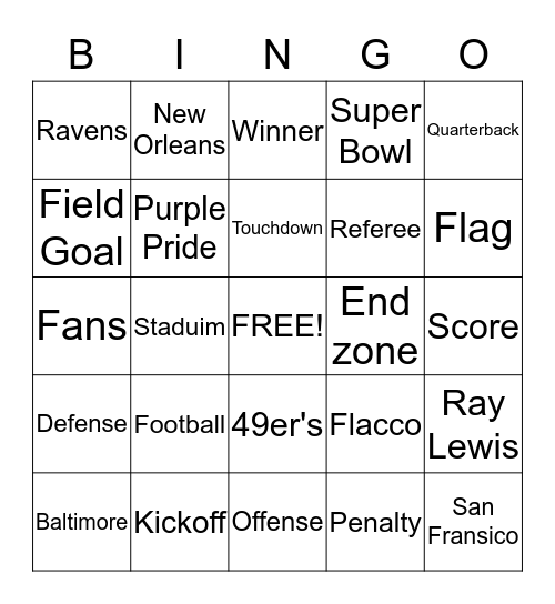 Super Bowl Bingo Card