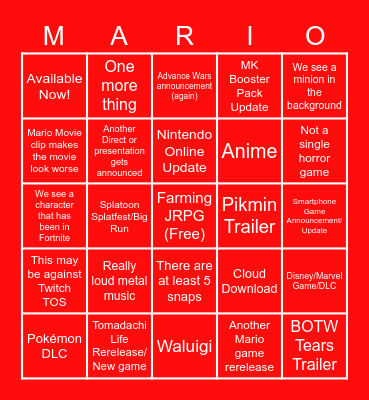 Pan's Nintendo Direct Bingo Card Bingo Card